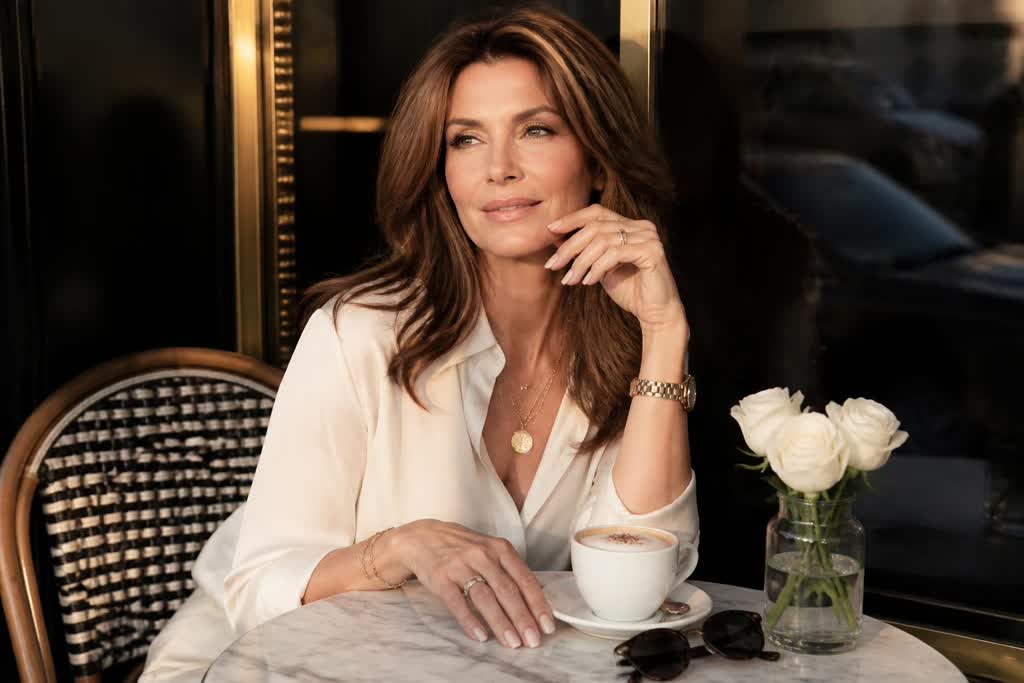 A woman in a cream silk blouse sitting at a small marble cafe table with a cappuccino and white roses, looking away and smiling