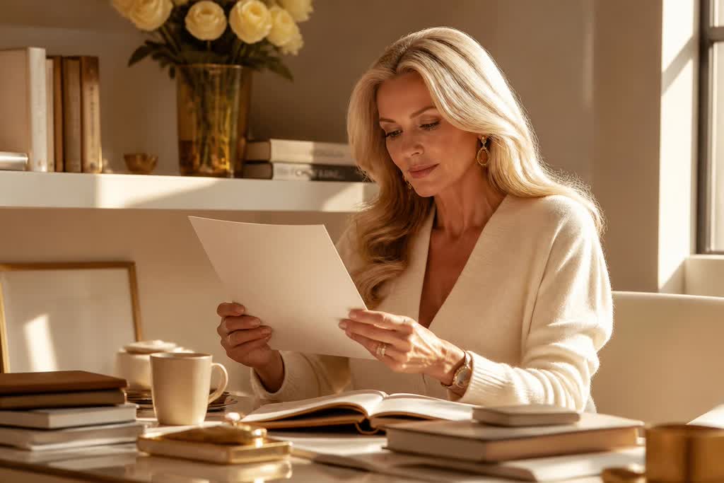 A blonde woman in her fifties in a cream knit reading a sheet of paper at a sunlit desk, with notebooks and a cup of coffee beside her