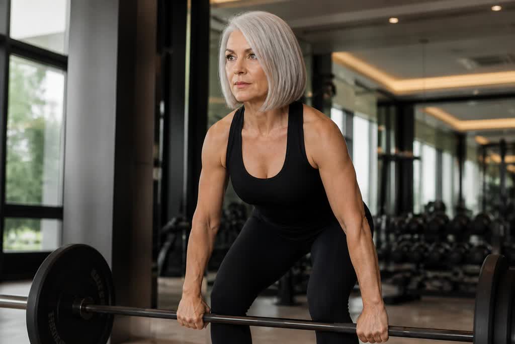 A woman with a silver bob in black gym kit gripping a loaded barbell in a bright gym, concentrating hard