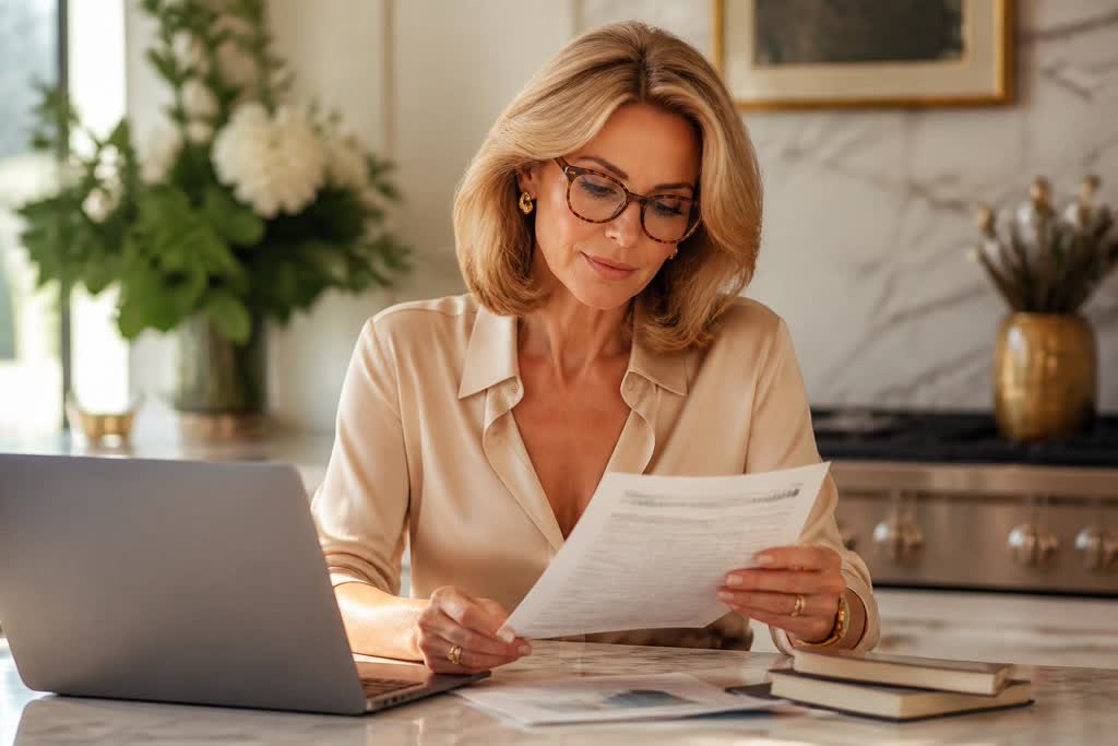 A woman in tortoiseshell glasses and a silk blouse reading a financial statement at a marble kitchen counter, laptop beside her