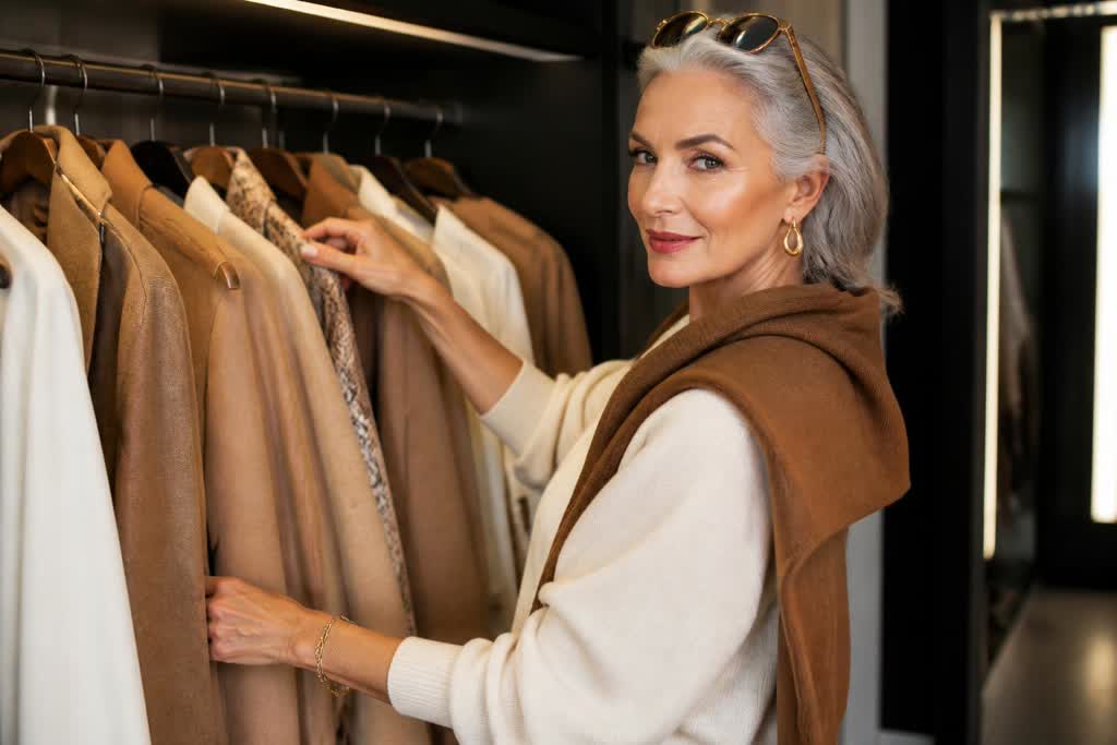 A woman with silver hair and sunglasses pushed up looking through camel and cream clothes on a wardrobe rail